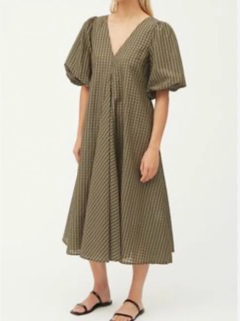 Ganni Olive Green Striped Wrap Midi Dress - Picture 2 of 5